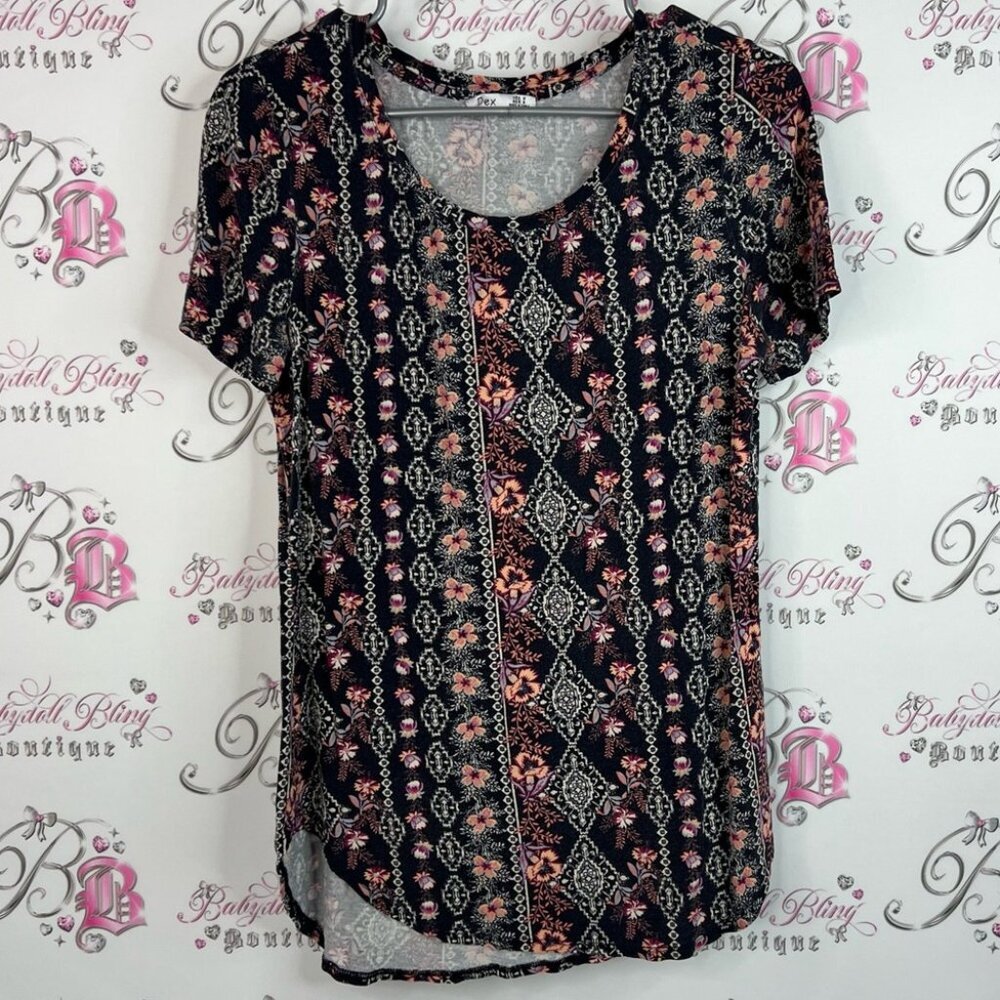 Dex tshirt tee floral Aztec Black and Pink Patterned Short Sleeve Top
